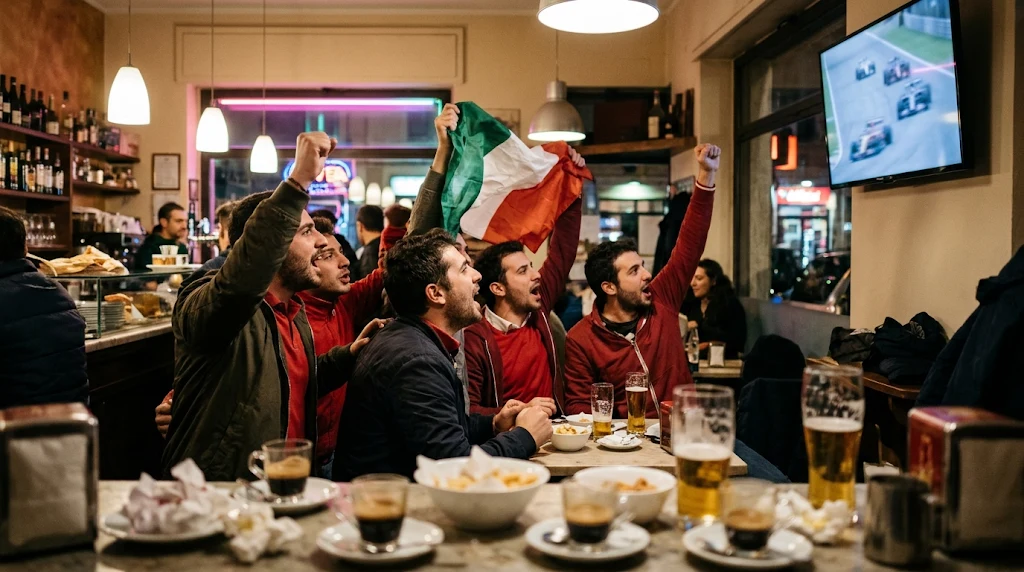 Tifosi italiani con il tricolore seguono un Gran Premio di Formula 1 in tv in un bar la sera