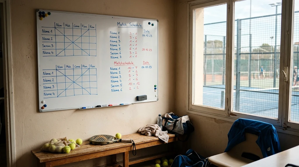 Lavagna bianca in un circolo di tennis con due gironi da quattro giocatori e il calendario delle partite scritto a pennarello