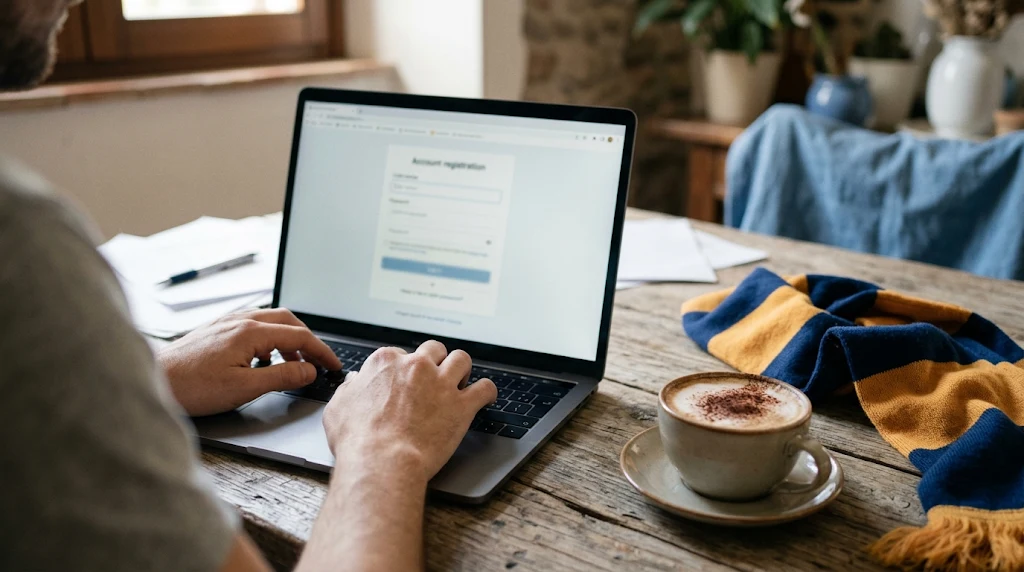 Mani che compilano su un laptop il modulo di apertura di un conto di gioco, accanto a un cappuccino e a una sciarpa da stadio