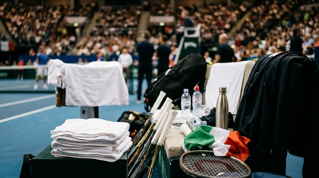 Panchina di una squadra di tennis a bordo campo con asciugamani, racchette e borracce durante un incontro a squadre