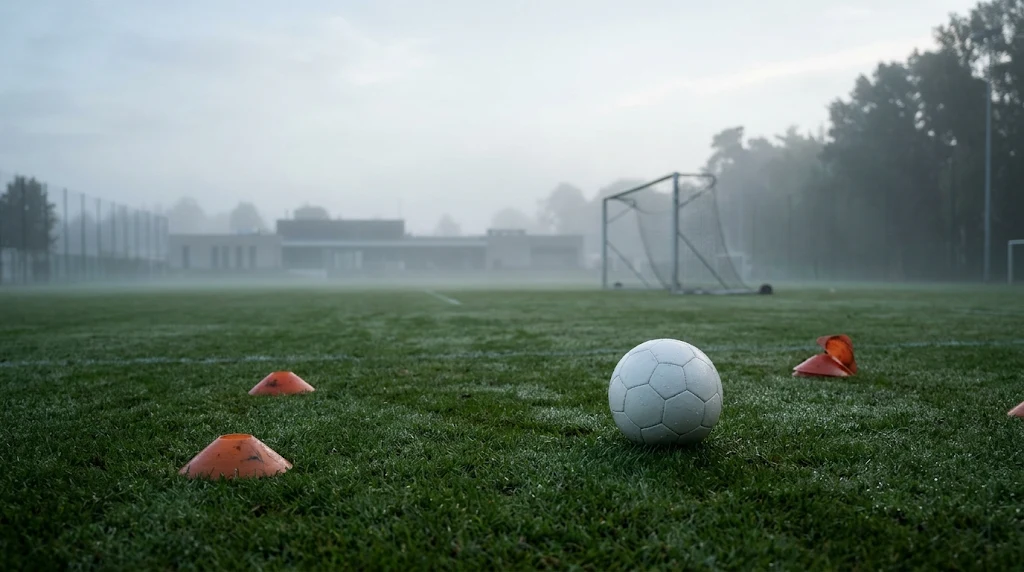 Pallone da calcio e coni su un campo di allenamento deserto al mattino, con la nebbia sullo sfondo