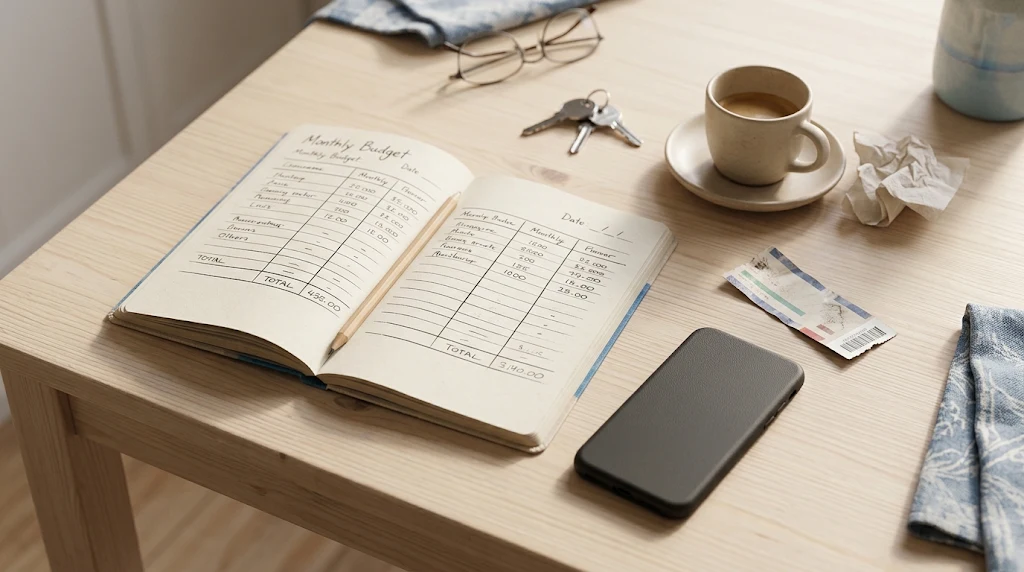 Agenda aperta con budget mensile per lo svago scritto a mano accanto a uno smartphone e a un biglietto per lo stadio