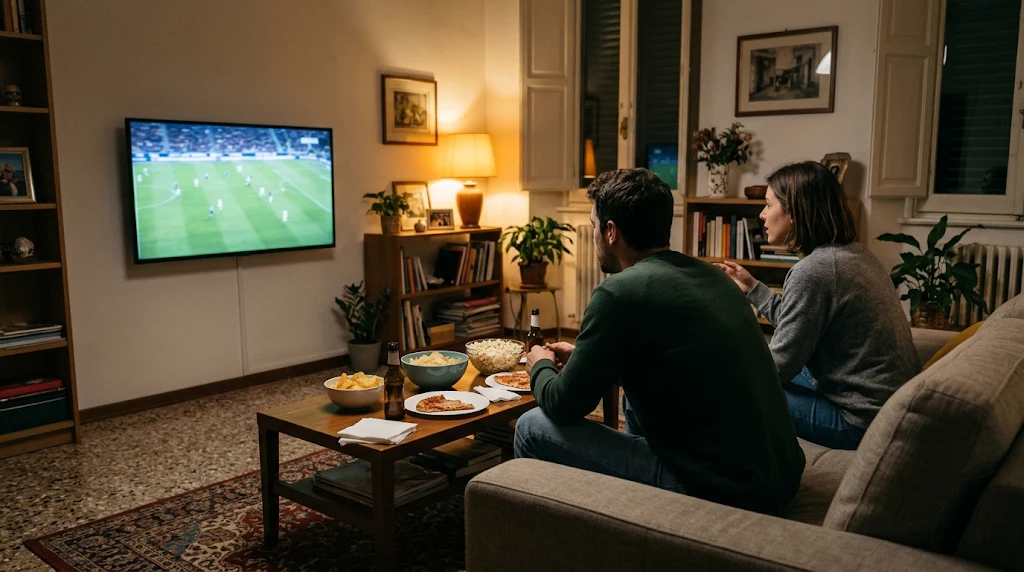 Tifosi seguono una partita di calcio in tv sul divano di casa la sera, con snack sul tavolino