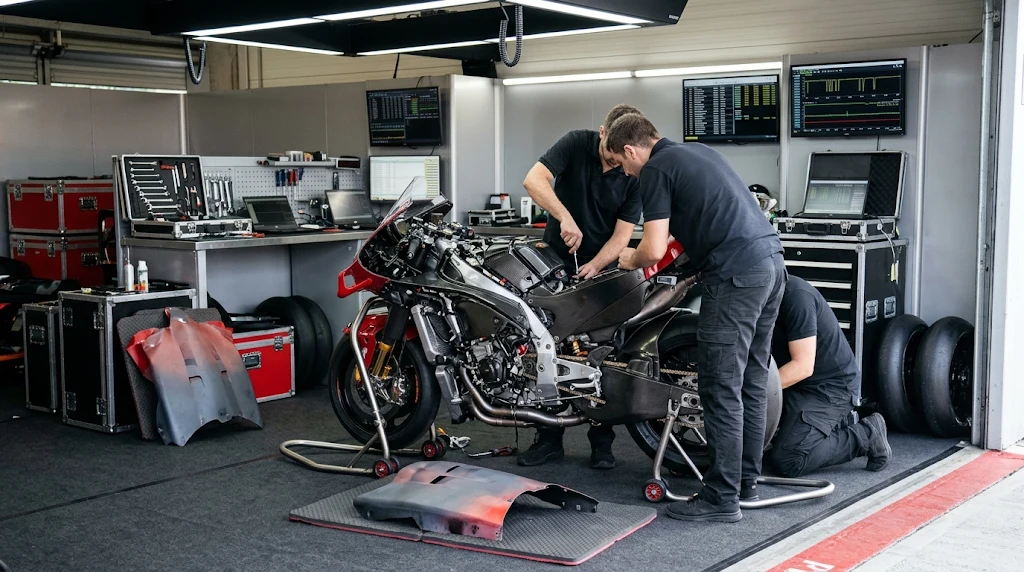 Moto da corsa ferma nel box di un team, con i meccanici al lavoro e gli schermi dei tempi sullo sfondo