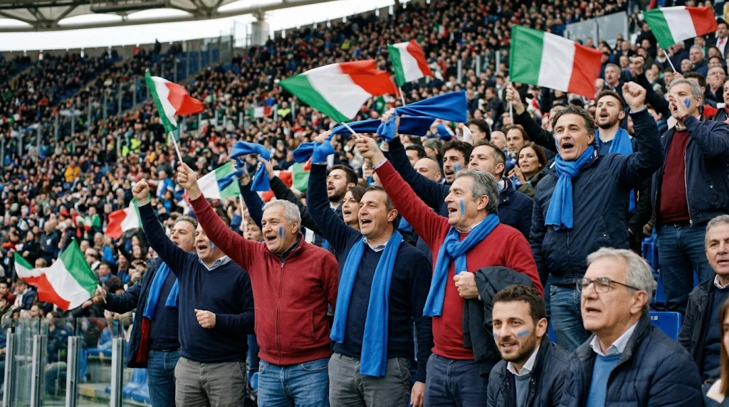 Tifosi italiani con sciarpe azzurre e bandiere tricolori sugli spalti di uno stadio di rugby