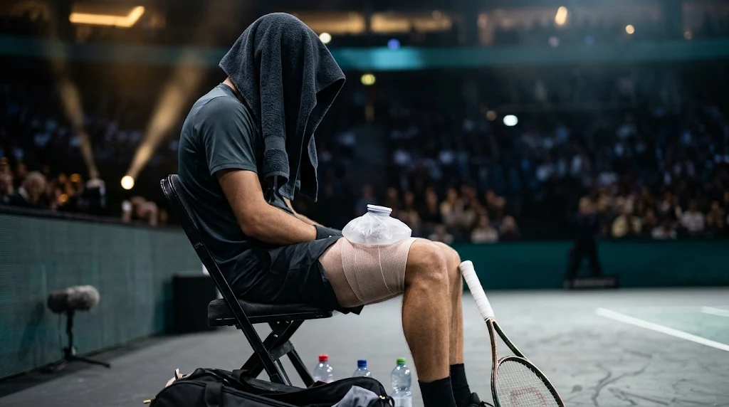 Tennista seduto a bordo campo con un asciugamano sulla testa e il ghiaccio sulla coscia durante una pausa