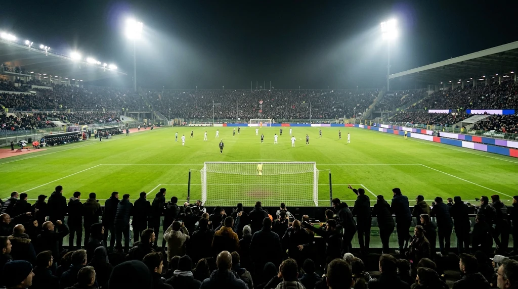Stadio di calcio illuminato di sera durante una partita di campionato, vista dalla curva con il campo verde