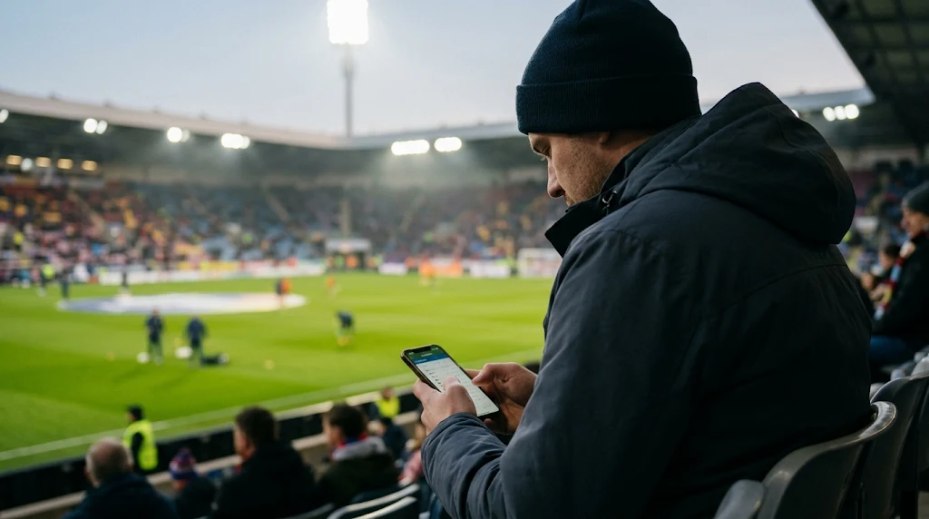 Tifoso controlla sullo smartphone la classifica del campionato seduto in tribuna prima del calcio d'inizio