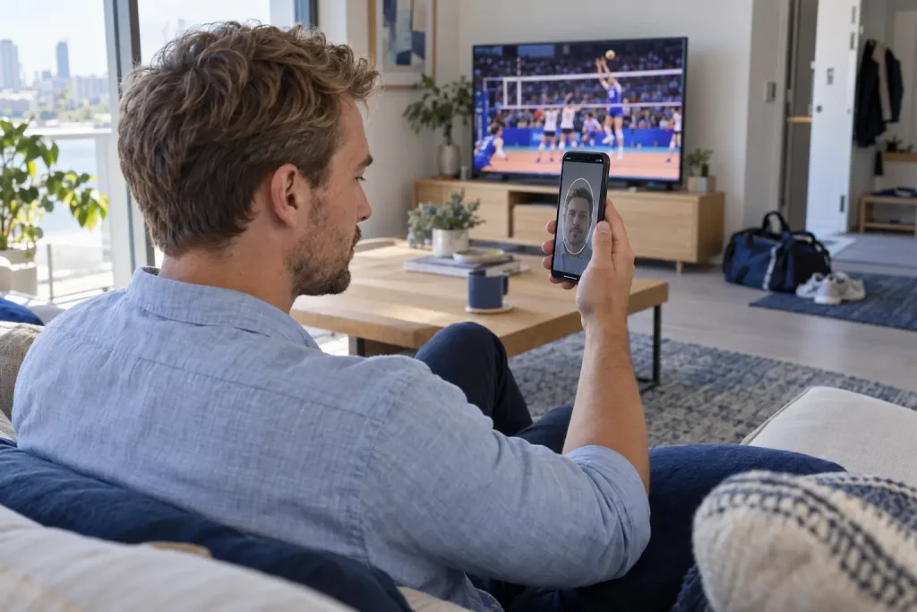 Uomo verifica la propria identità con la fotocamera dello smartphone a casa.