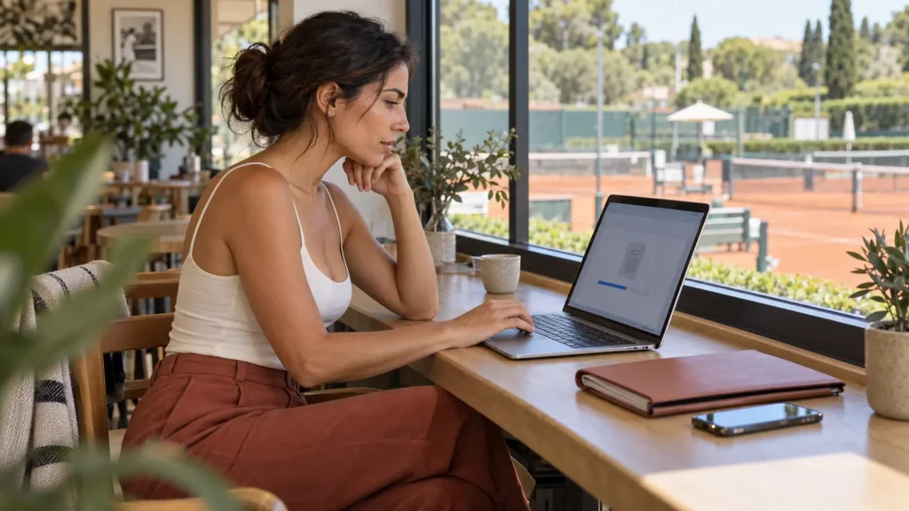 Donna controlla il caricamento di un documento sul laptop nel café di un circolo di tennis.