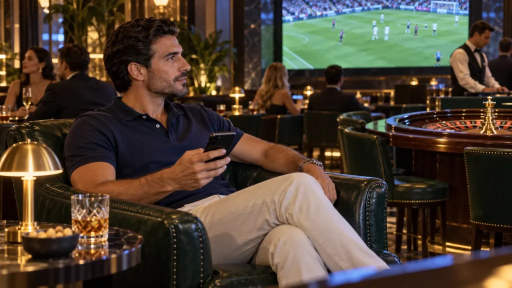 Uomo con smartphone segue una partita di calcio in una lounge del casinò.