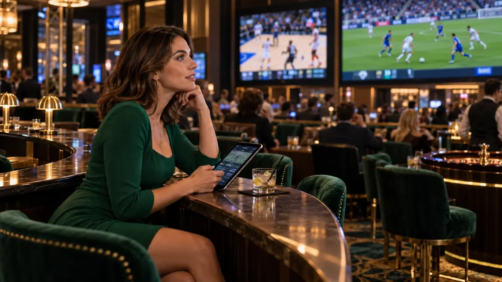 Donna con tablet guarda una partita di calcio in una lounge del casinò.
