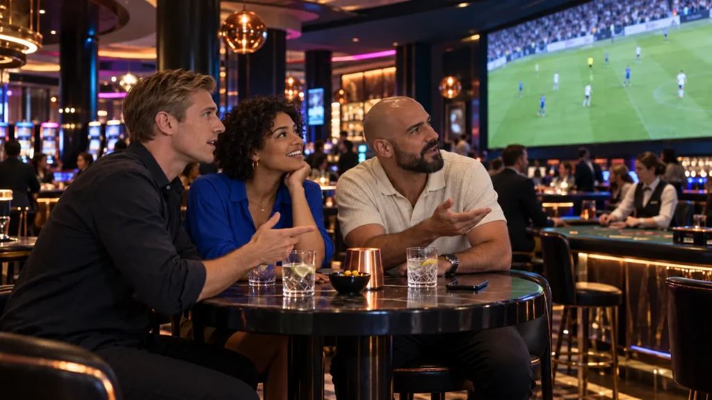 Tre amici seguono una partita di calcio nel bar di un casinò.
