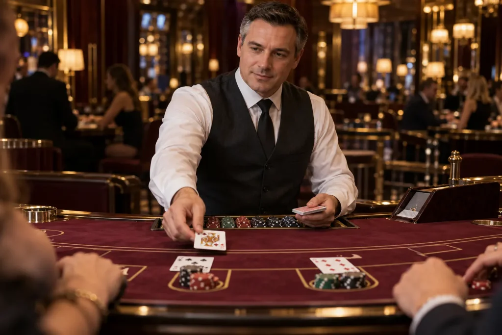 Croupier distribuisce le carte a un tavolo da blackjack.