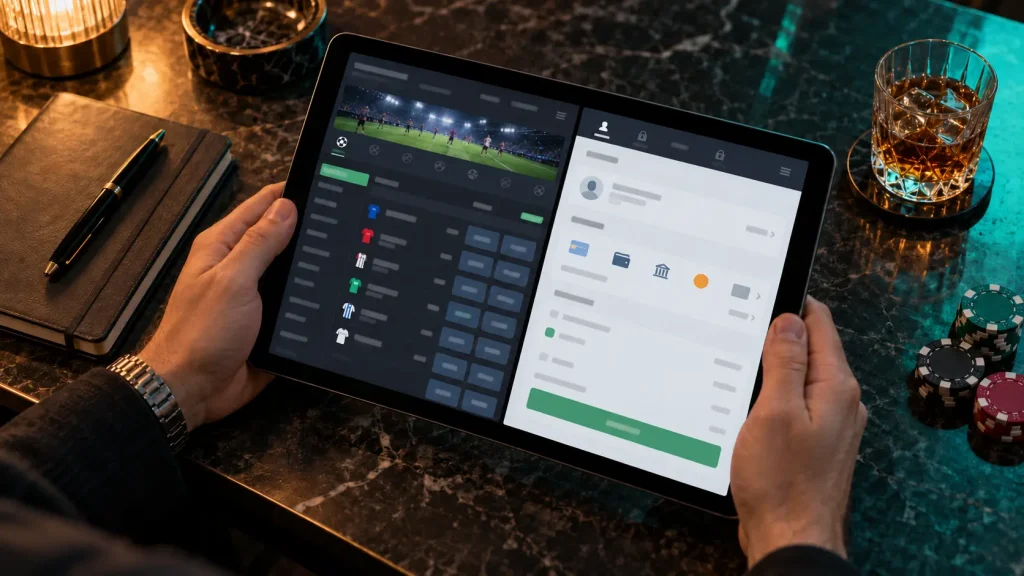 Mani con un tablet che mostra due pannelli di siti di scommesse a confronto.
