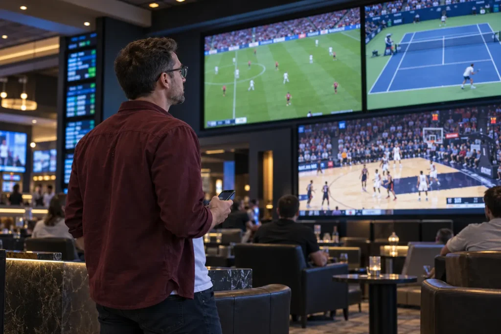 Uomo osserva partite di calcio, tennis e basket sugli schermi di una lounge sportiva.