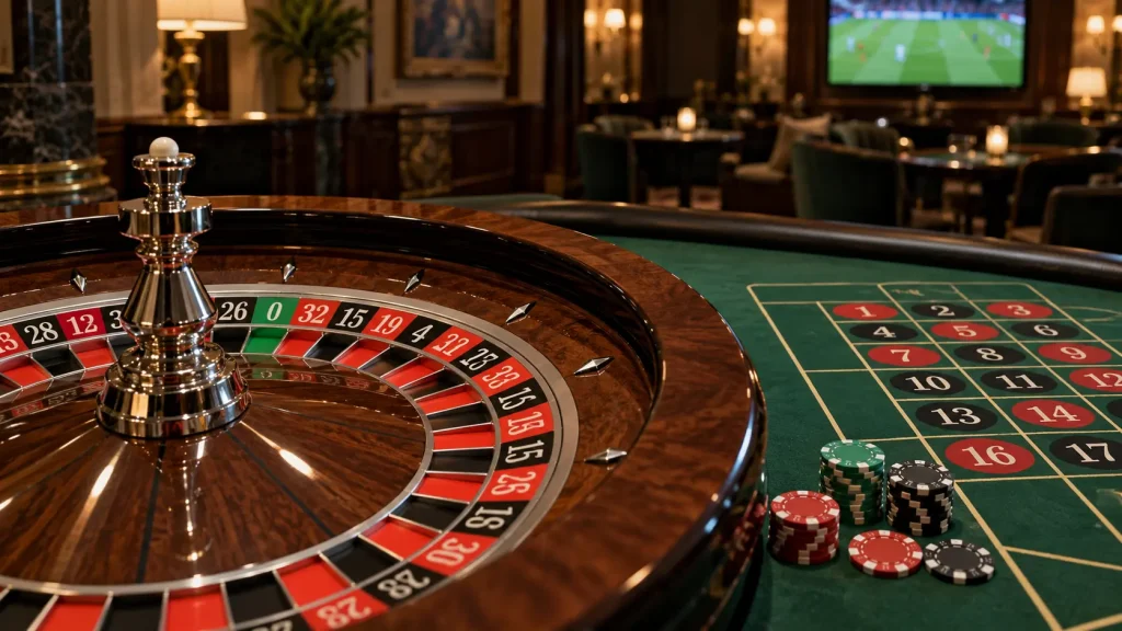 Roulette e fiches sul tavolo verde, con una partita di calcio sullo schermo sullo sfondo.