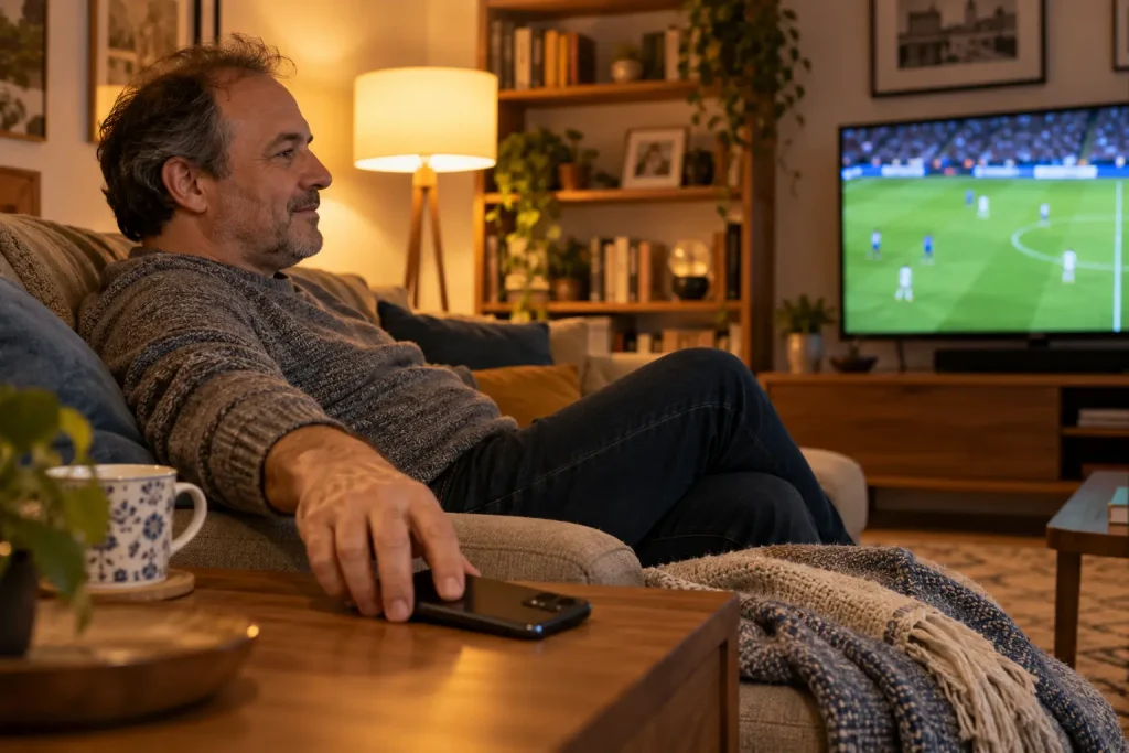 Uomo posa lo smartphone sul tavolino mentre guarda una partita di calcio dal divano.