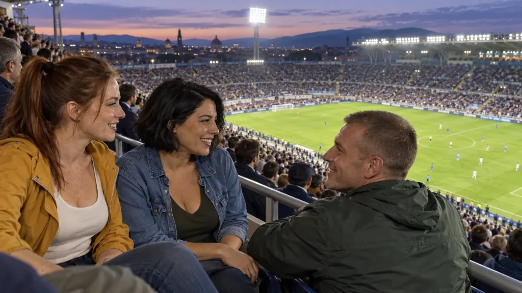 Tre amici sulle tribune di uno stadio durante una partita di calcio al tramonto.