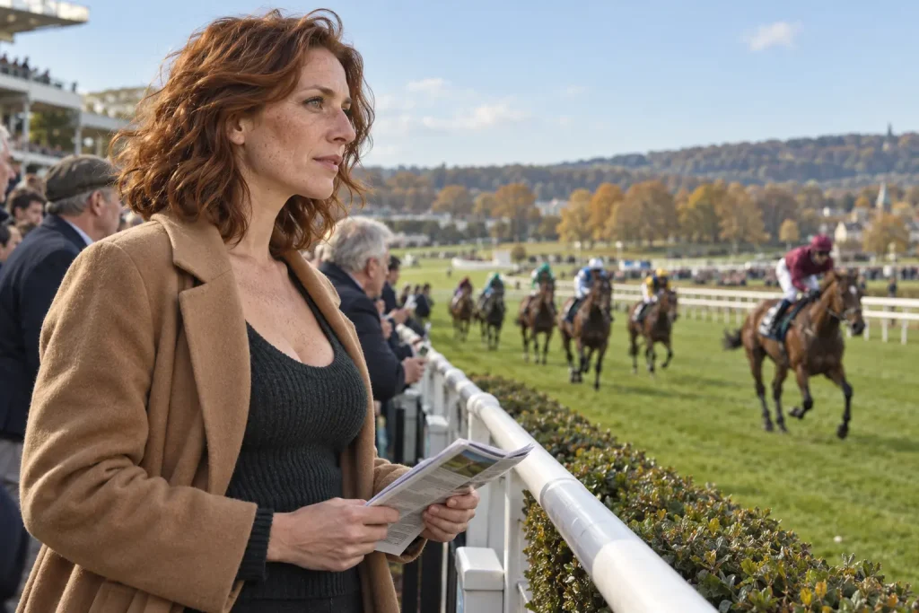 Donna con un programma delle corse osserva cavalli e fantini all’ippodromo.