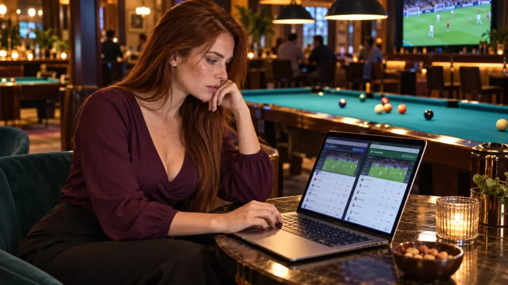 Donna confronta due siti di scommesse sul laptop accanto a un tavolo da biliardo.