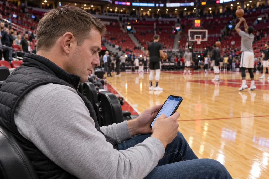 Uomo consulta lo smartphone a bordo campo mentre i giocatori di basket si riscaldano.