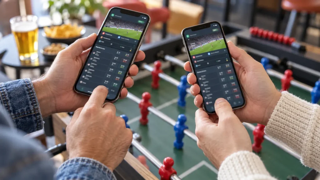 Due amici confrontano informazioni sulle scommesse sui loro smartphone accanto a un biliardino.