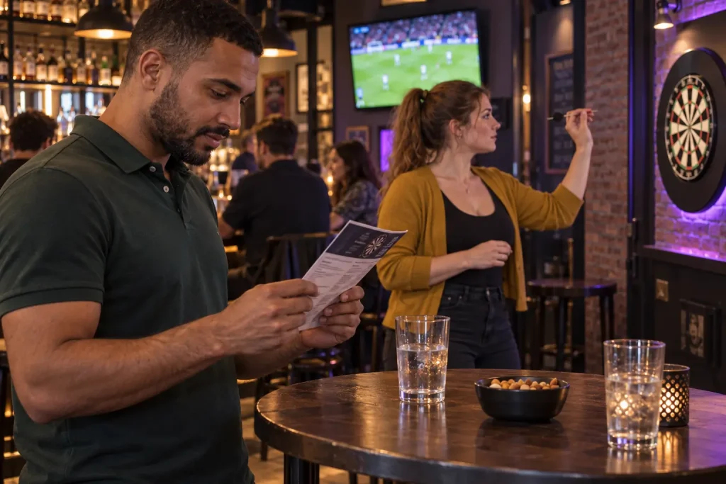 Uomo legge un volantino mentre un’amica si prepara a lanciare una freccetta in un bar sportivo.
