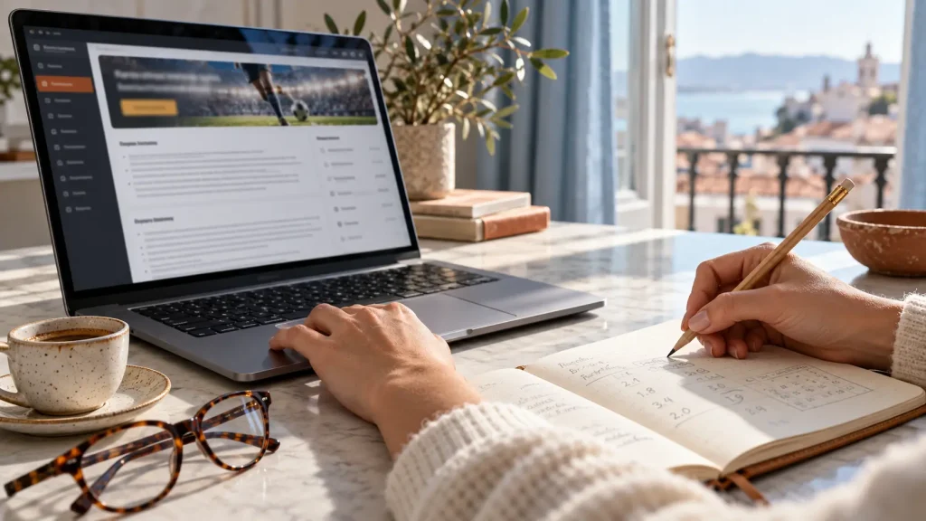 Mani femminili annotano dettagli di un bonus scommesse accanto al laptop.
