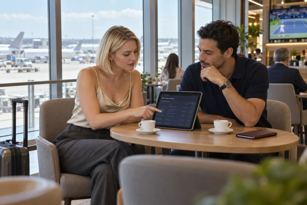 Coppia consulta la cronologia dei prelievi sul tablet in un caffè dell’aeroporto.