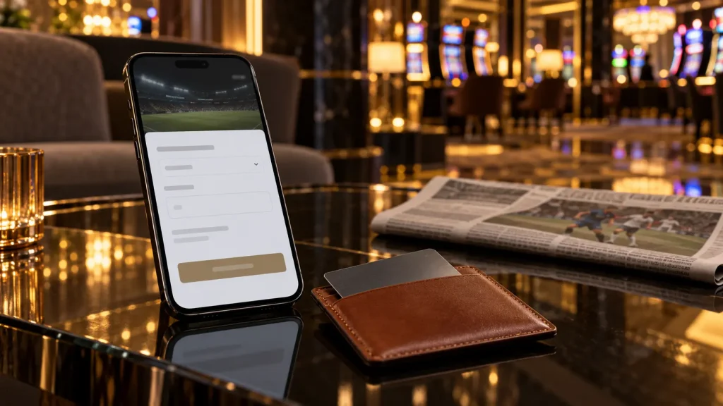 Smartphone con un modulo di prelievo accanto a una carta bancaria in un portacarte di pelle.